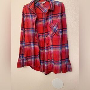 Orvis red white Blue Striped Plaid Button Up Shirt long sleeve woman’s M